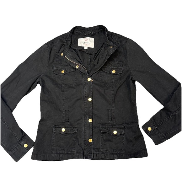 Guess Jackets & Blazers - Guess Jacket Women's M Biker Moto Full Zip Snap Canvas 100% Cotton Triangle Logo